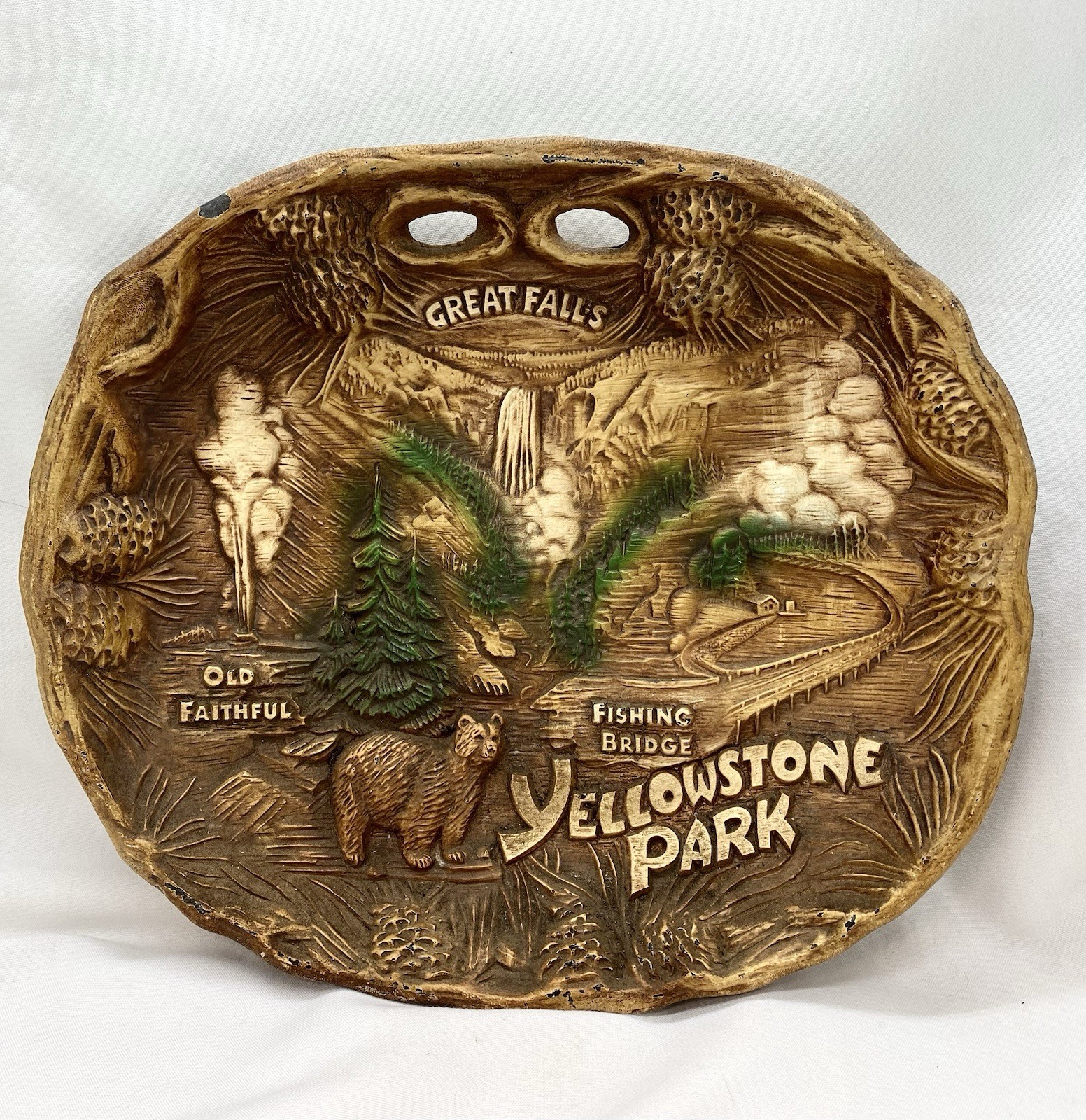 Vtg TACO Yellowstone Park Souvenir Wall Hanging Plaque Art Old Faithful 10×12”