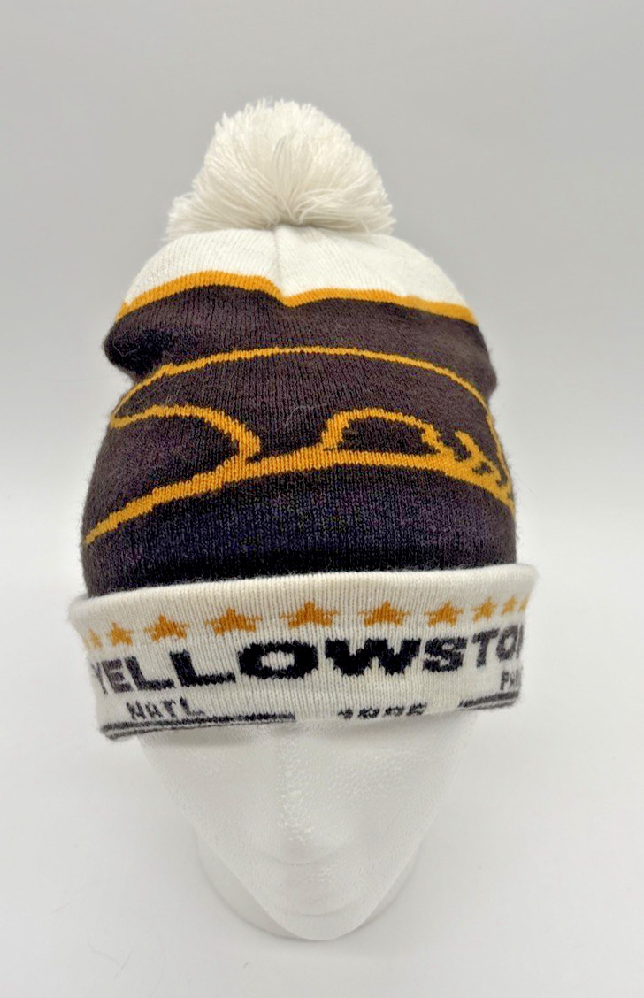 National Park Yellowstone Bear Cuffed Knit Beanie Hat with Pom BRAND NWOT Brown