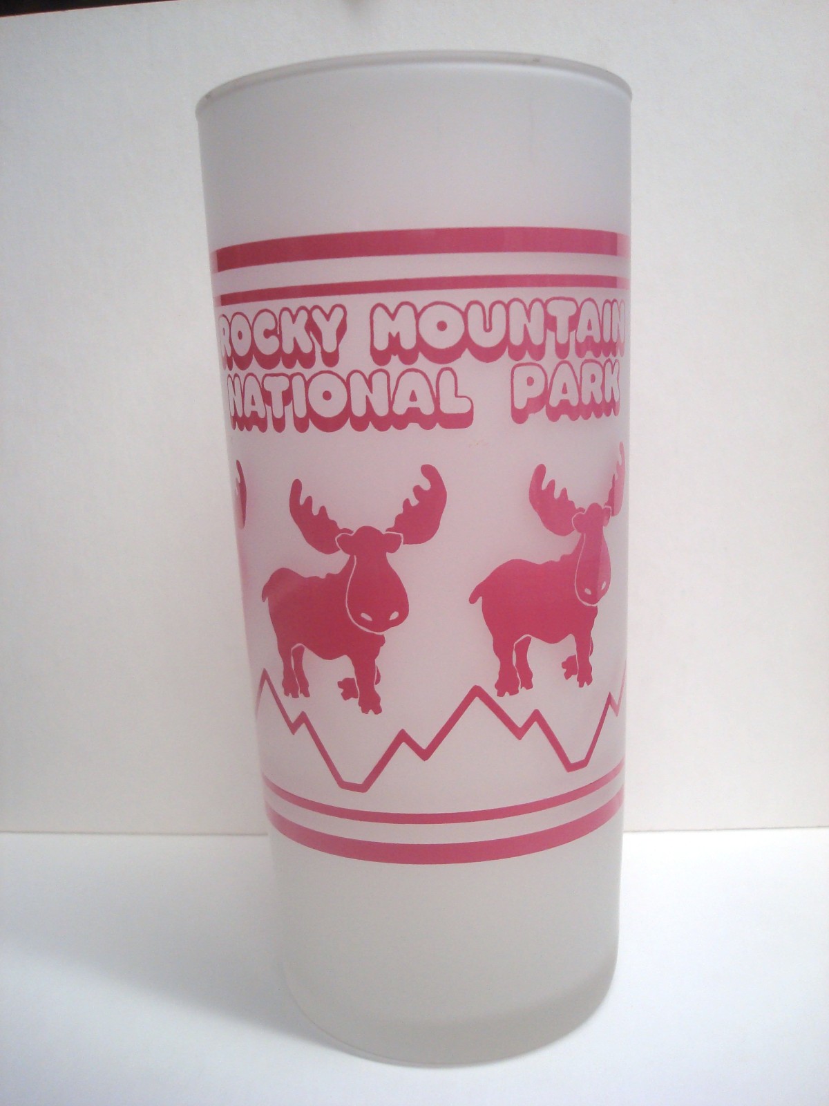 Rocky Mountain National Park Frosted Glass Rose Pink Moose Highball Drink Vtg