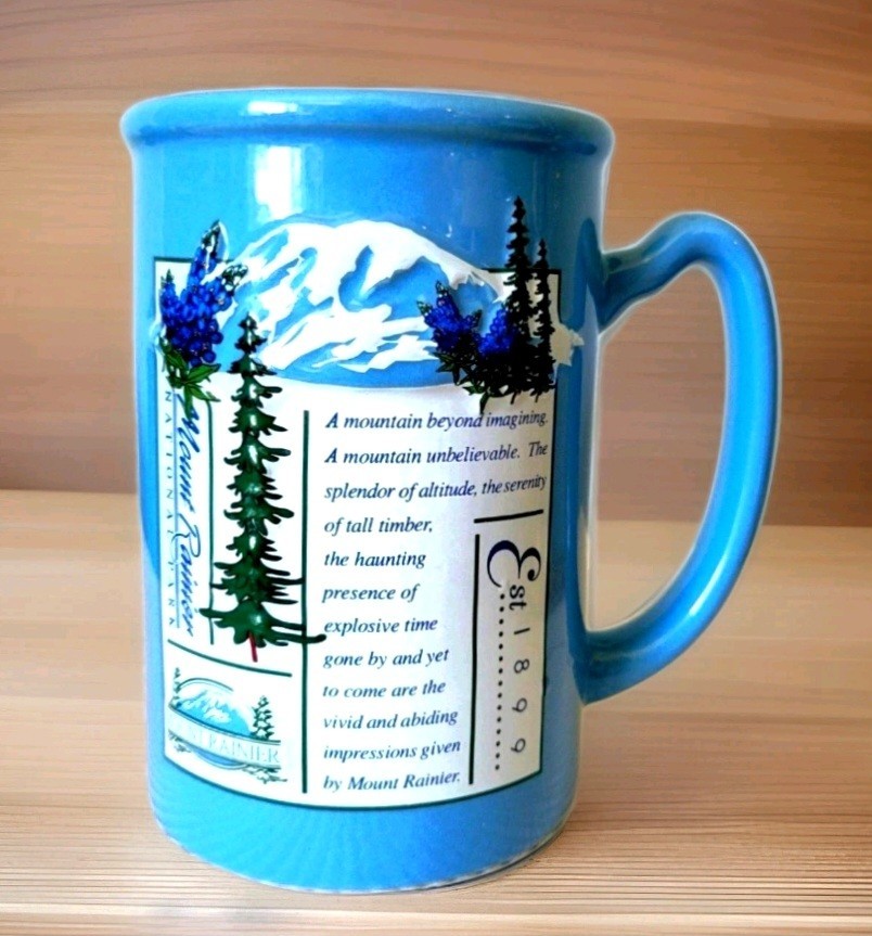 Mount Rainier National Park 14oz Souvenir Poem Coffee Mug Cup Blue Vtg 1990s