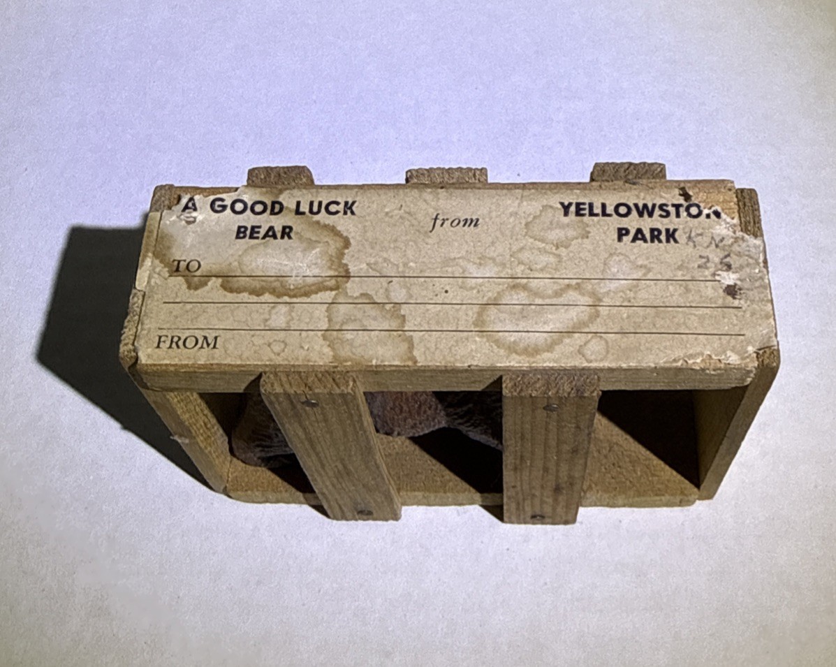 Vintage Good Luck Bear In Wood Crate Souvenir from Yellowstone national park