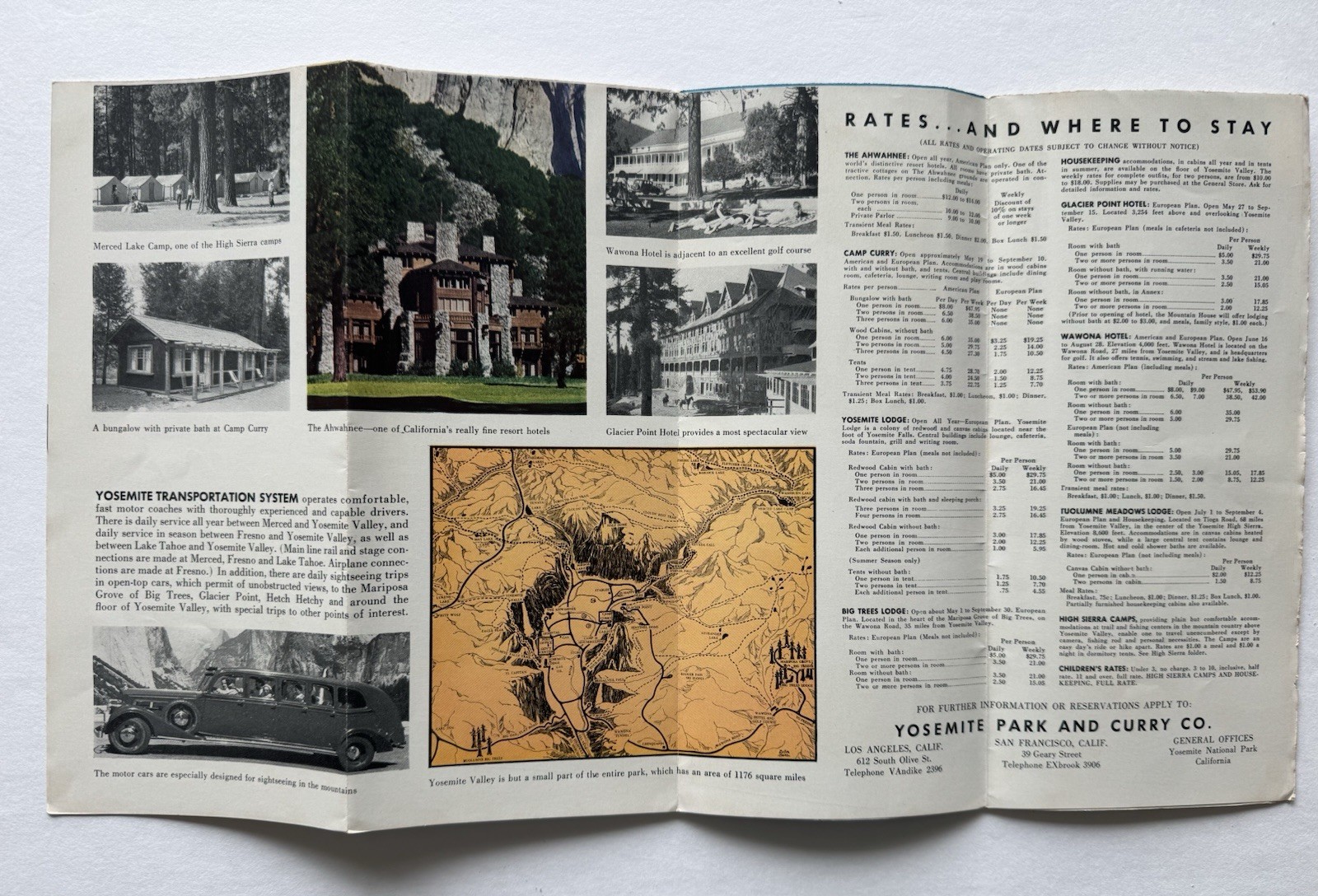 Yosemite 1939 Brochure Pamphlet w/ maps rooms color photos Yosemite CA
