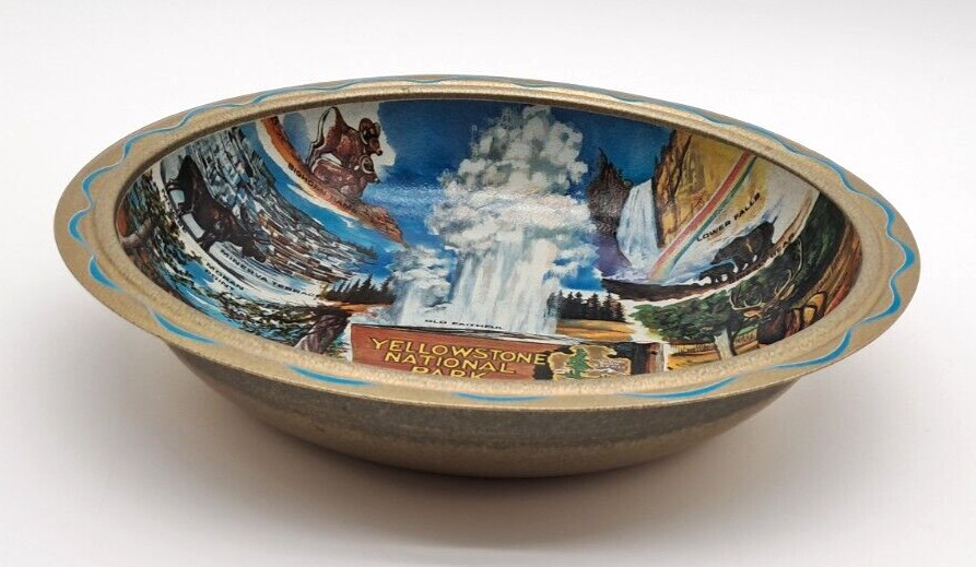 VTG Yellowstone National Park Colorful Souvenir Tin Metal Bowl Ken Haag 1960s