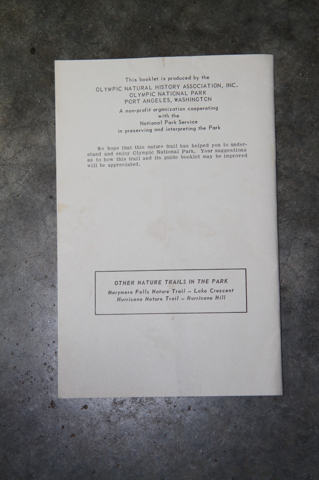 Original 1962 Rain Forest Nature Trail booklet, Olympic National Park