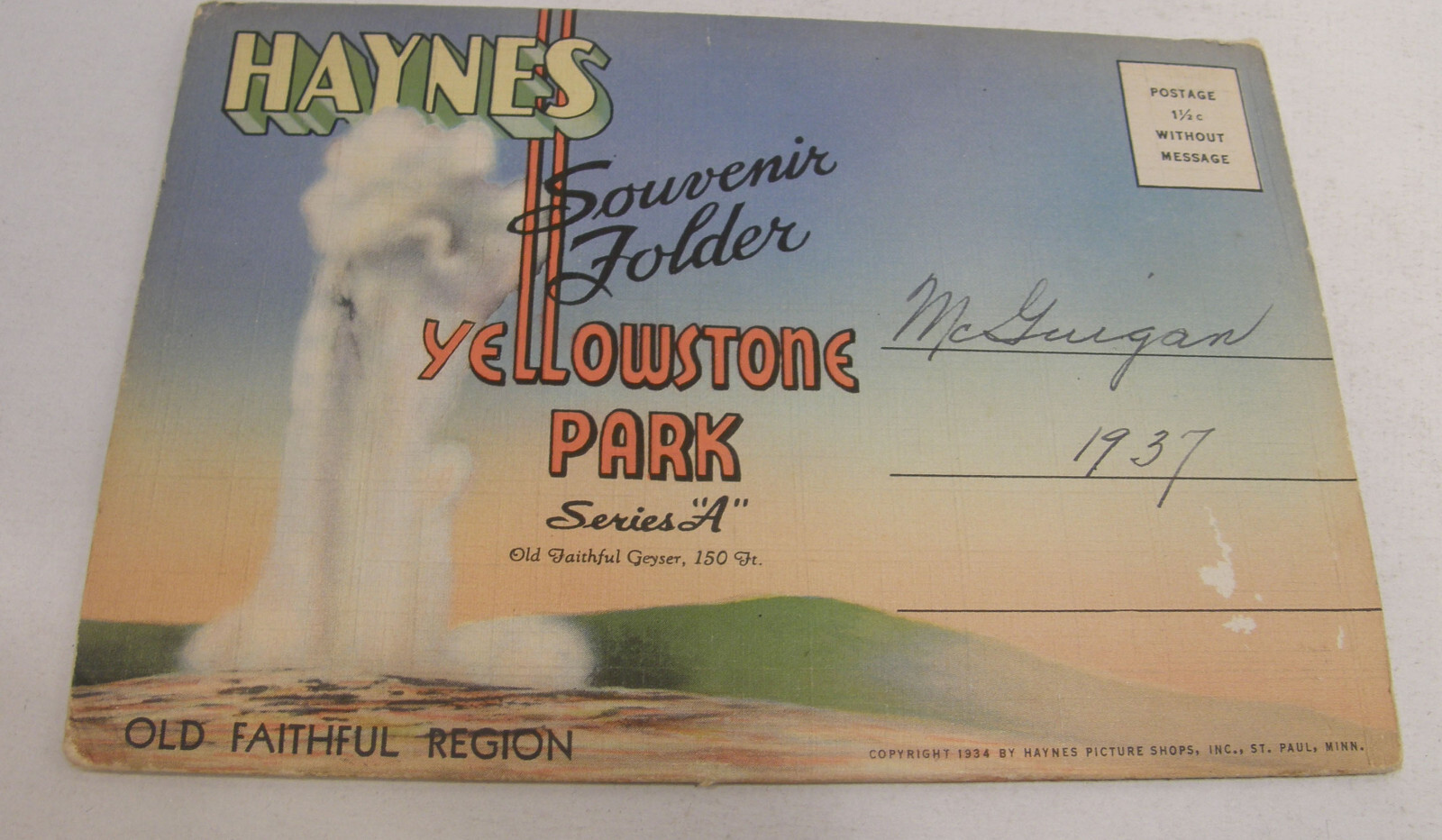 VINTAGE c1937 HAYNES SOUVENIR FOLDER POSTCARD YELLOWSTONE PARK SERIES A B C D