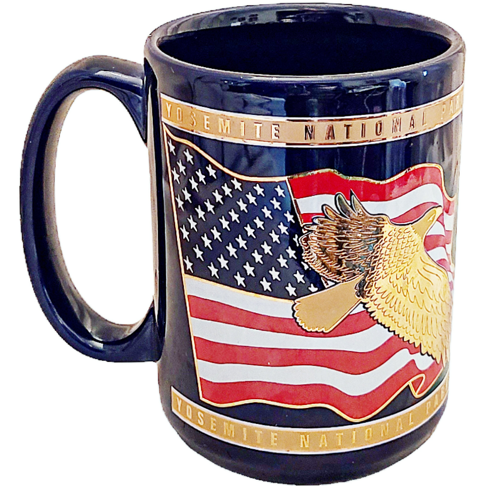 Yosemite National Park Cobalt Blue 24K Gold American Eagle Flag Coffee Mug Cup