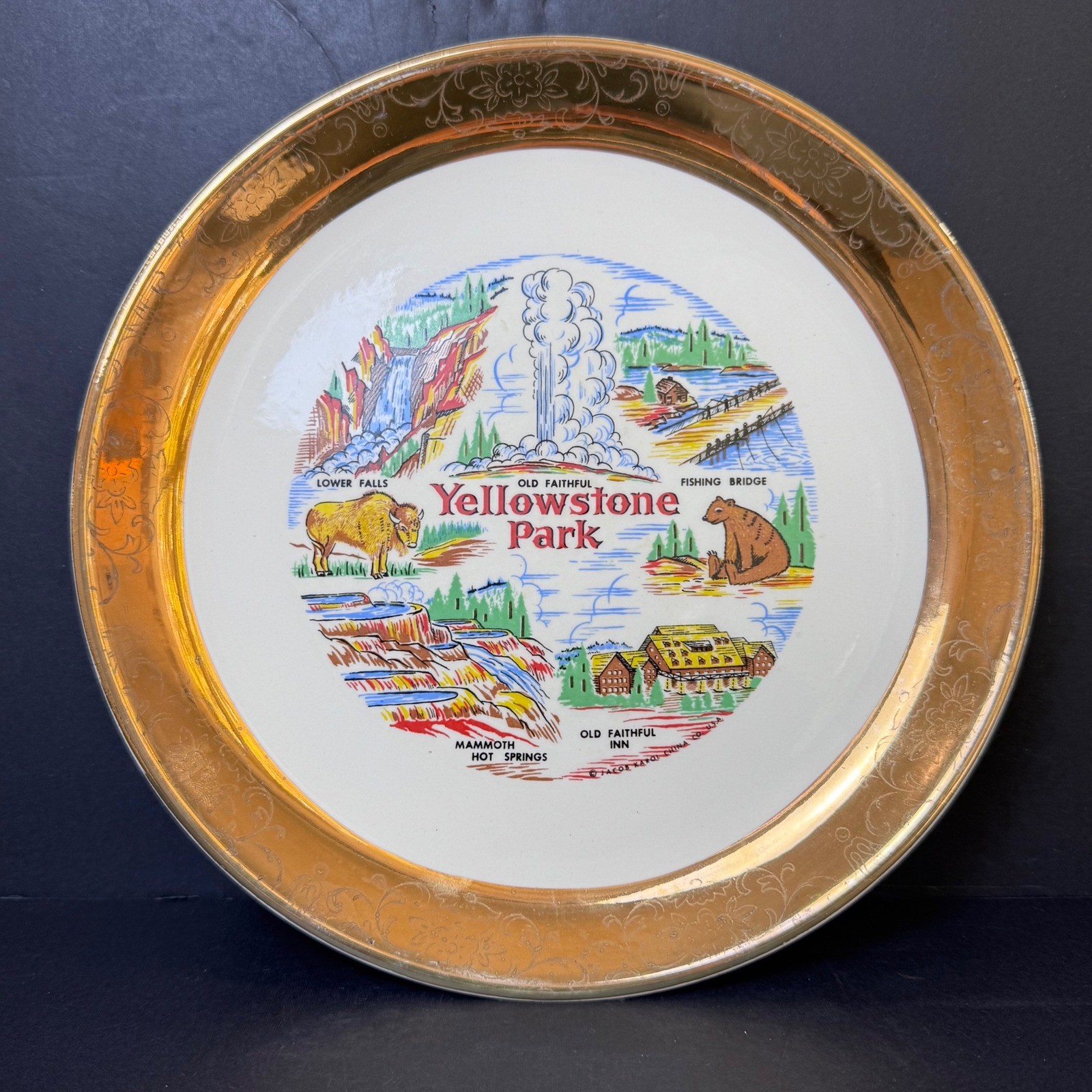 Vtg Yellowstone National Park Souvenir Plate Jacob Karol China Gold Rim 9.25″