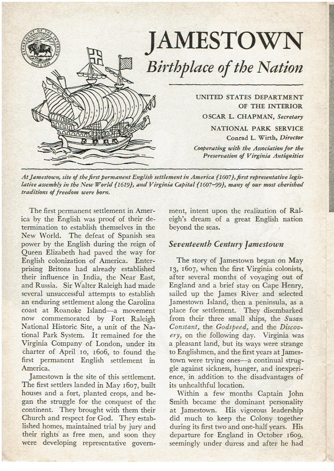 1952 Jamestown National Historic Site, Virginia-USNPS Pamphlet/Guide 8 pgs B/W