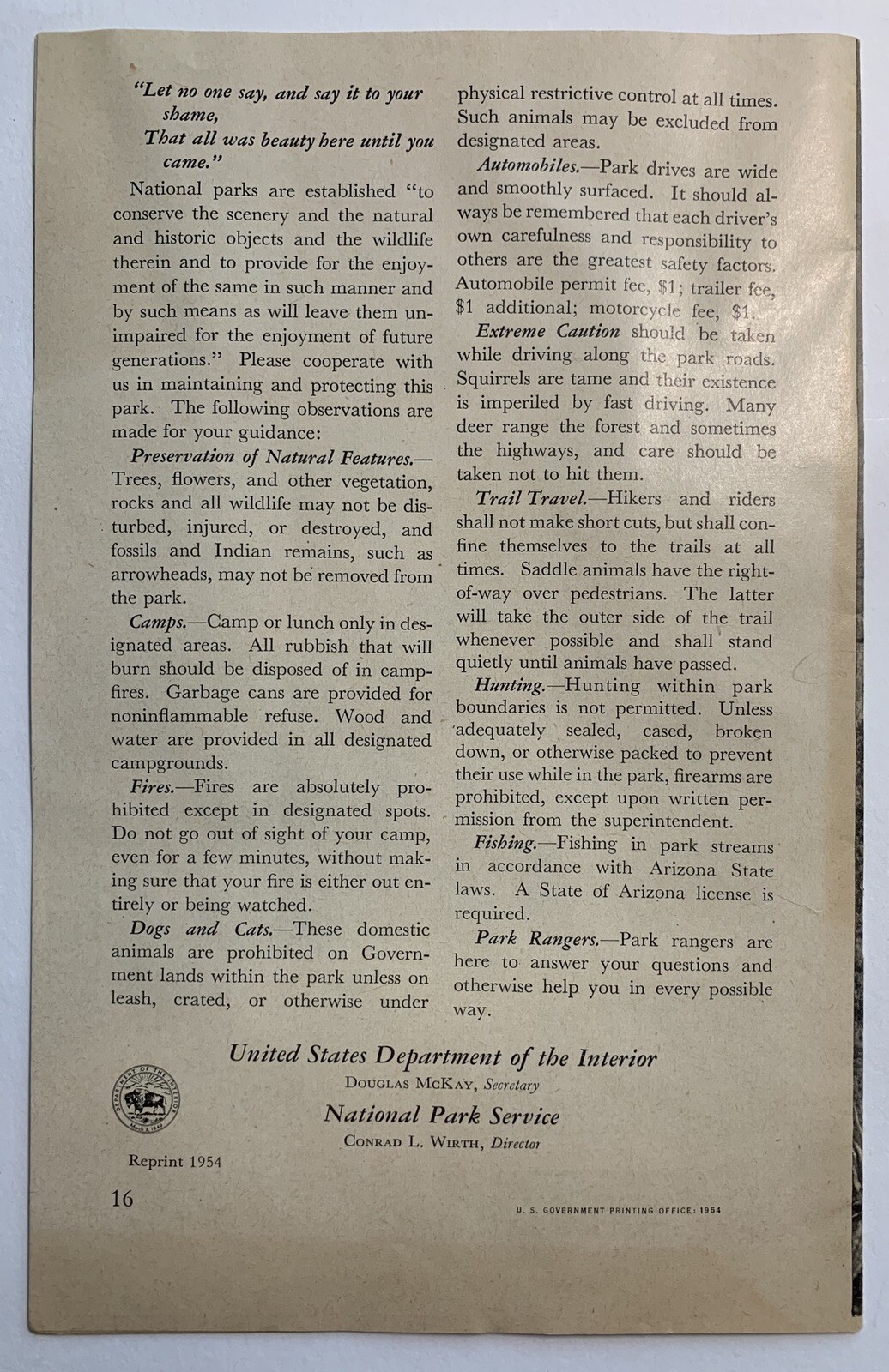 Vintage TOURIST GUIDE: 1954 Grand Canyon National Park – Arizona