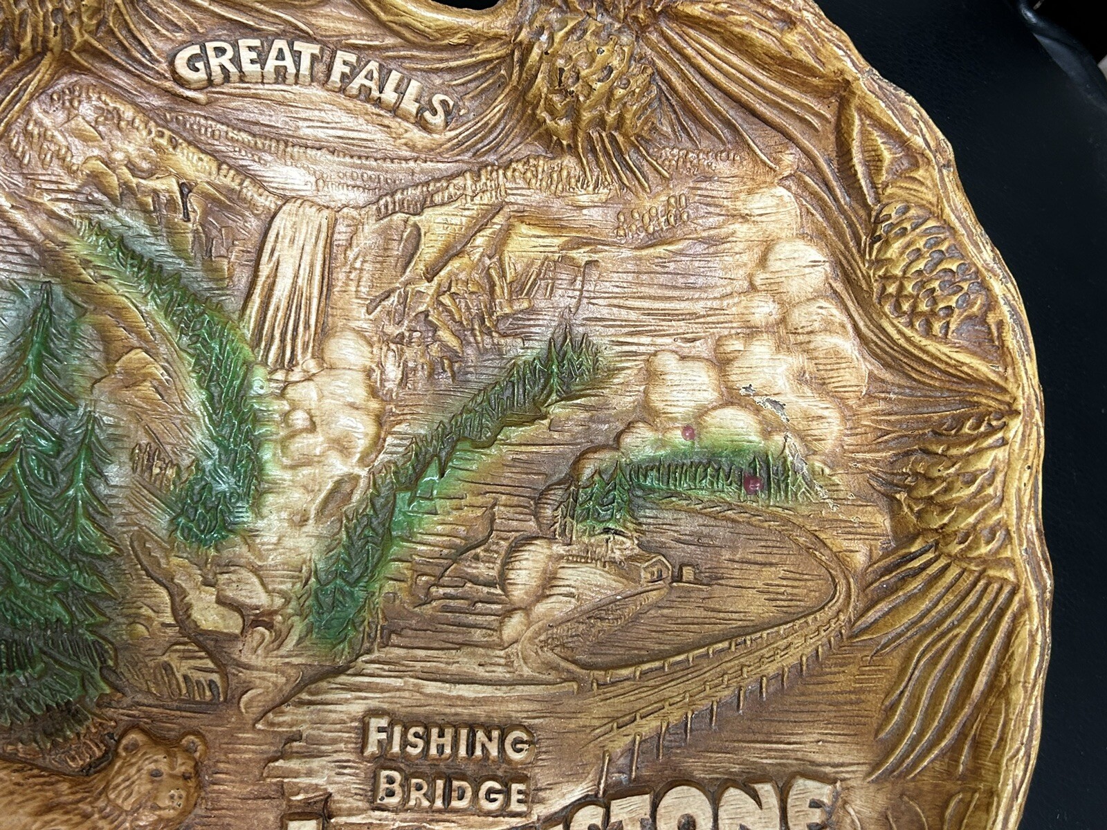Vintage Taco Yellowstone Park Souvenir Plate Bowl 3D Faux Wood Retro W/Hanger