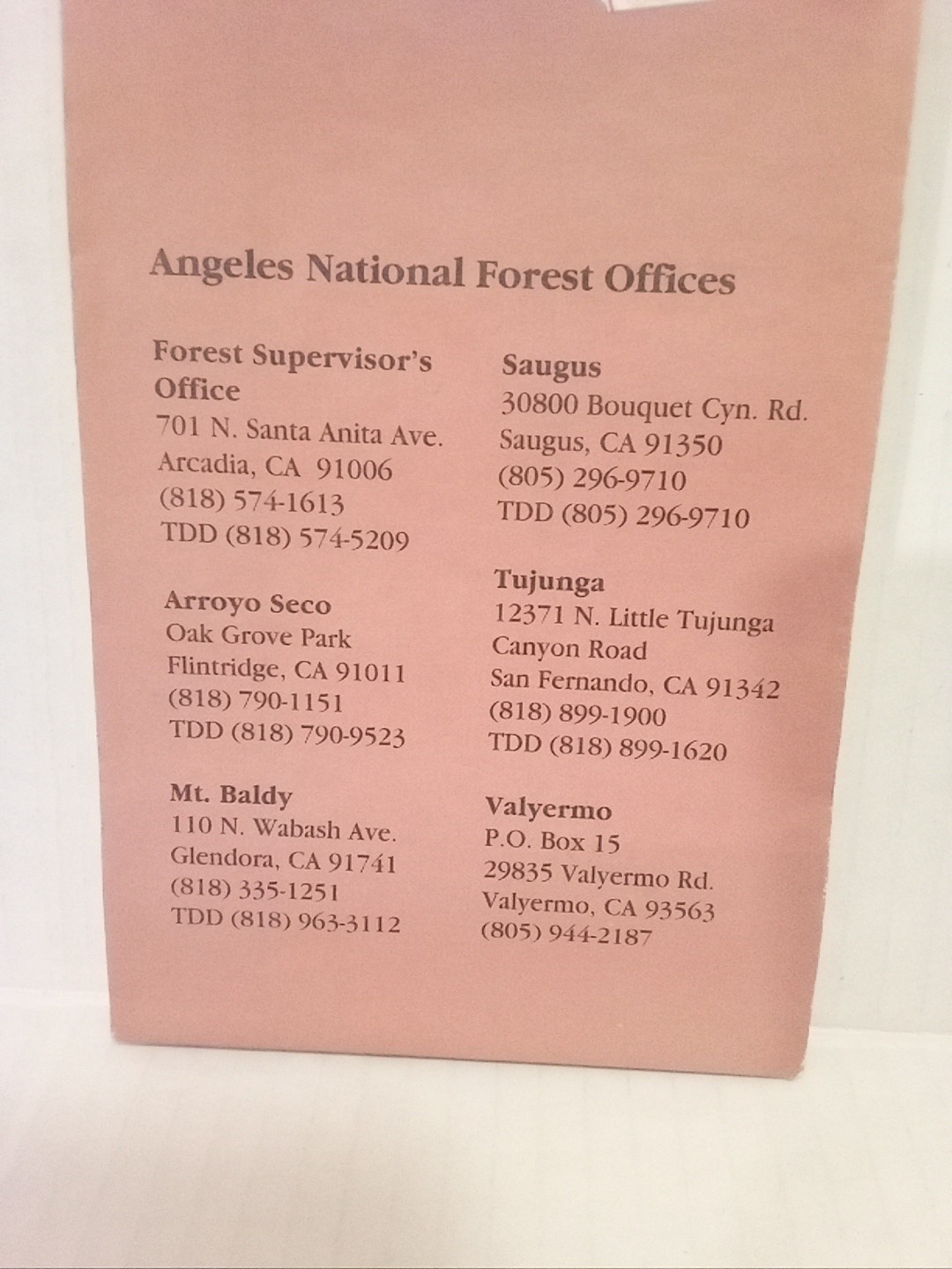 Vintage Angeles National Forest Map US Dept of Agriculture 1995 Camping