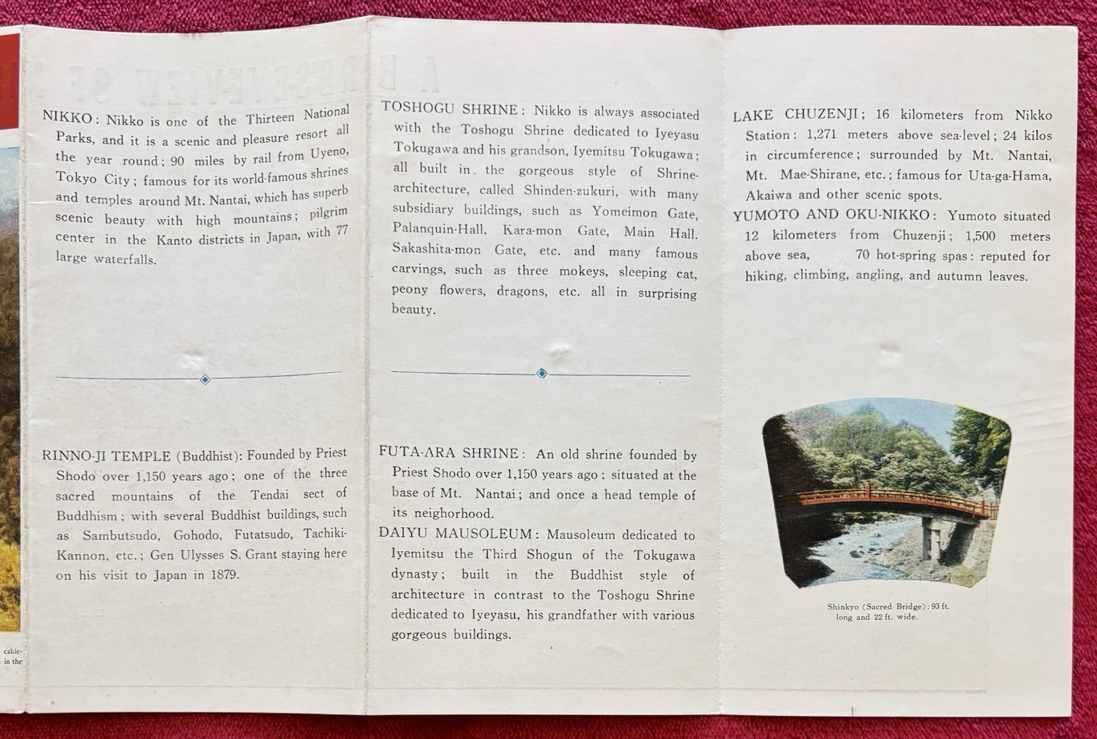 1951 HISTORY OF NIKKO JAPAN – NATIONAL PARK MAP & MAMPEI HOTEL MENU – KARUIZAWA