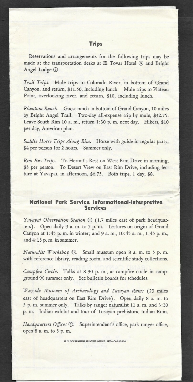 1955 Grand Canyon National Park Visitors Guide with Map