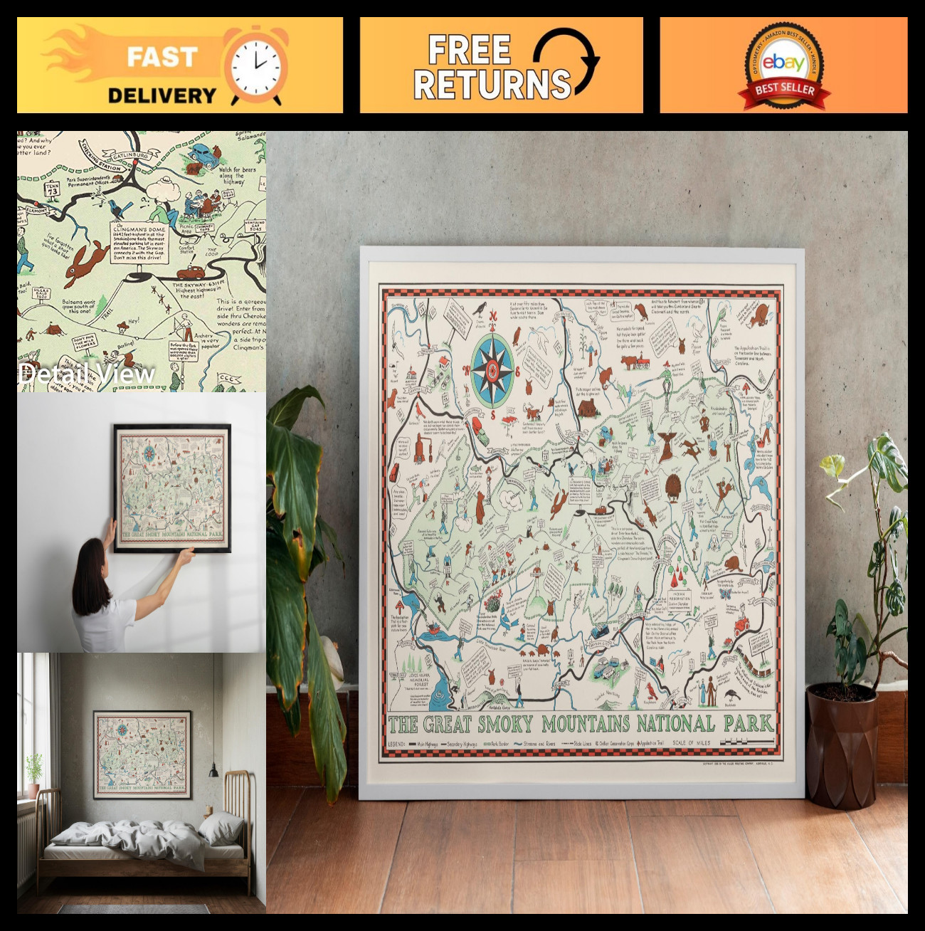 Vintage 1939 Great Smoky Mountains Pictorial Map – Historical Wall Art 24″x16