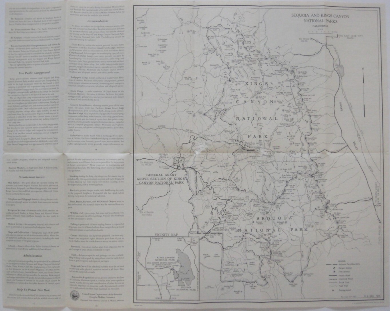 Official 1953 Road Map Booklet SEQUOIA & KINGS CANYON NATIONAL PARKS California