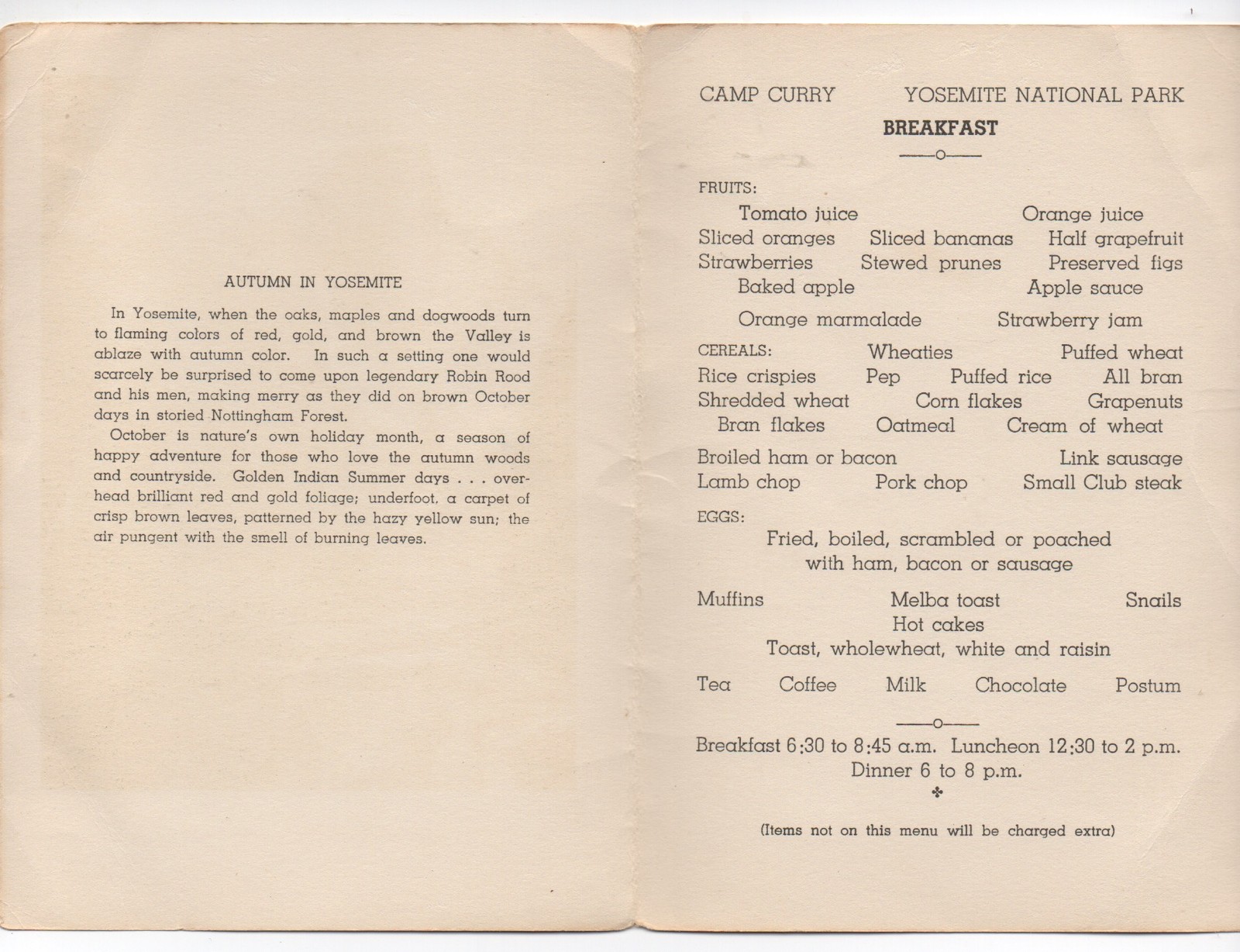 1930s Breakfast Menu from Camp Curry Yosemite showing Half Dome from Bridge