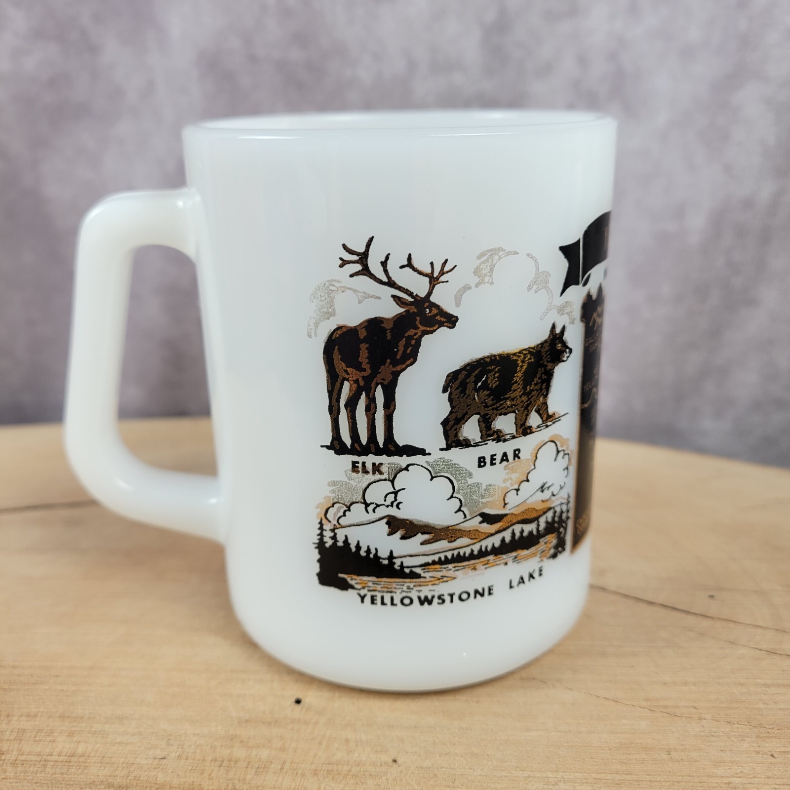 Vintage Yellowstone National Park Mug Federal Milk Glass Cup White Gold Black