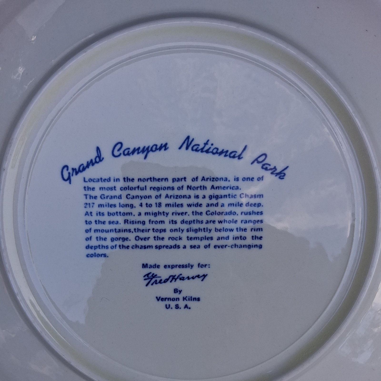 VINTAGE BLUE Vernon Kilns GRAND CANYON NATIONAL PARK SOUVENIR PLATE FRED HARVEY