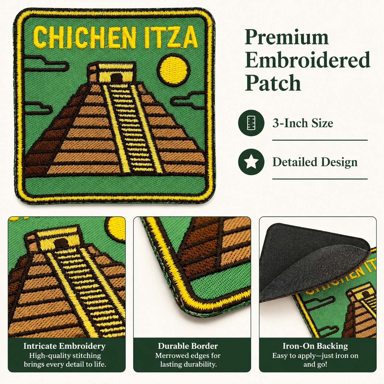 Chichen Itza Patch, 3 Inch Iron On Embroidered Mayan Pyramid Mexico Travel