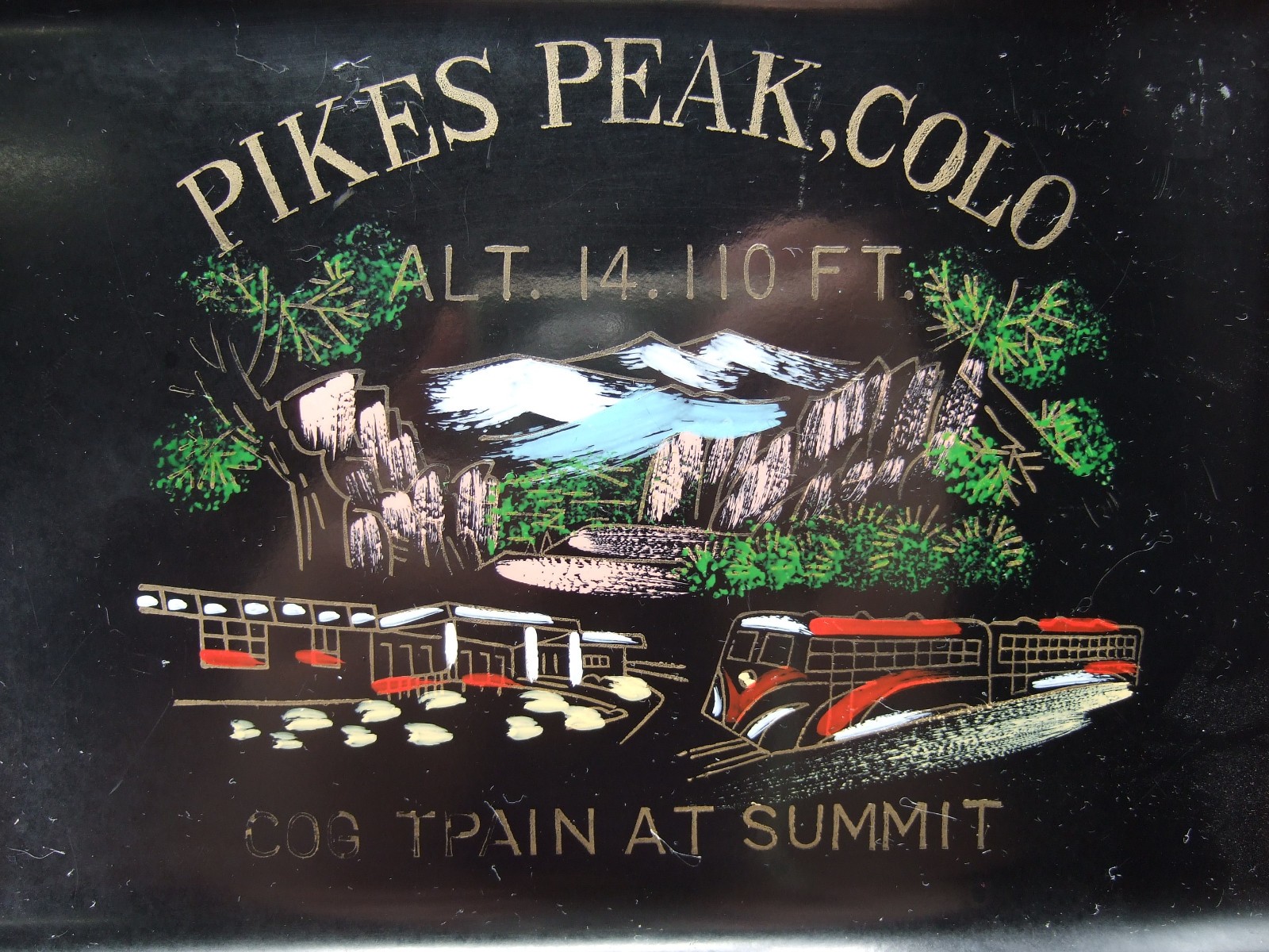 Vintage PIKES PEAK, CO – COG TRAIN AT SUMMIT Black Plastic Tray