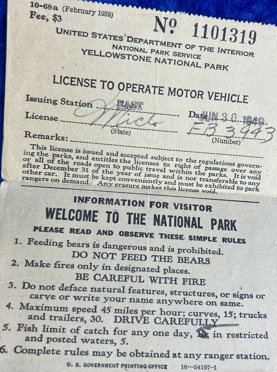 1949 YELLOWSTONE National Park Service Visitor Auto Motor Vehicle License Pass