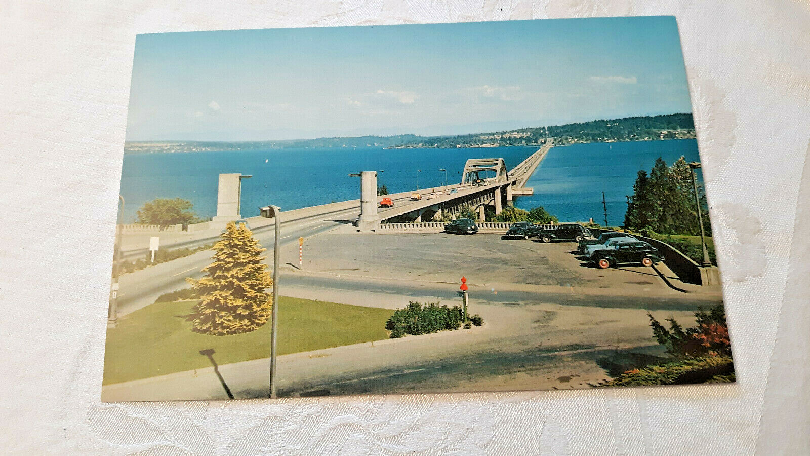 Lake Washington floating bridge Large Postcard WA 6″ x 9″ Old cars 1950s