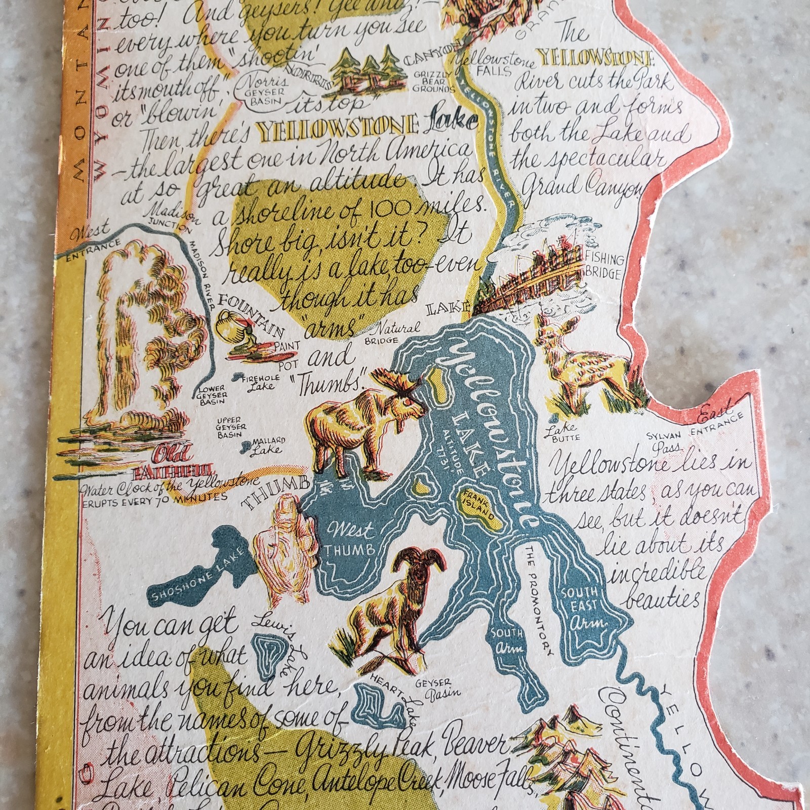 Vintage Yellowstone National Park Postcard Map DieCut 1948
