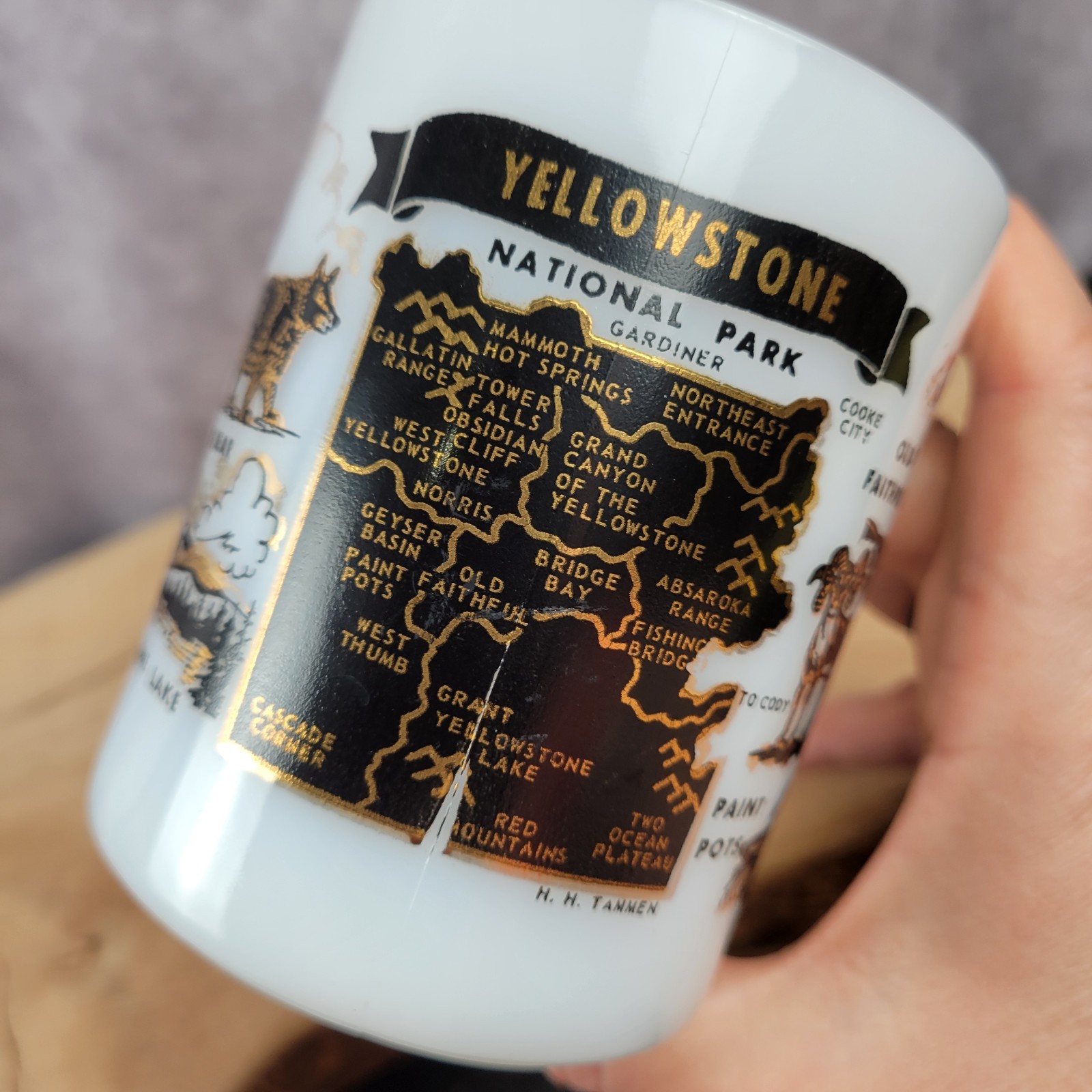Vintage Yellowstone National Park Mug Federal Milk Glass Cup White Gold Black