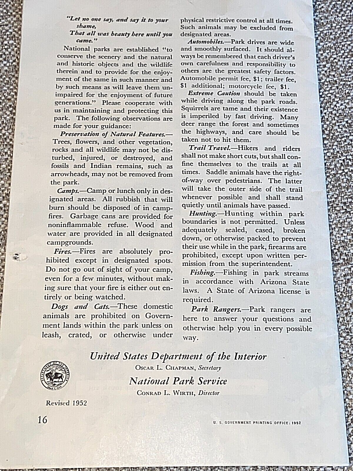 Vintage 1952 GRAND CANYON NATIONAL PARK Tourist Travel BROCHURE w/ Map