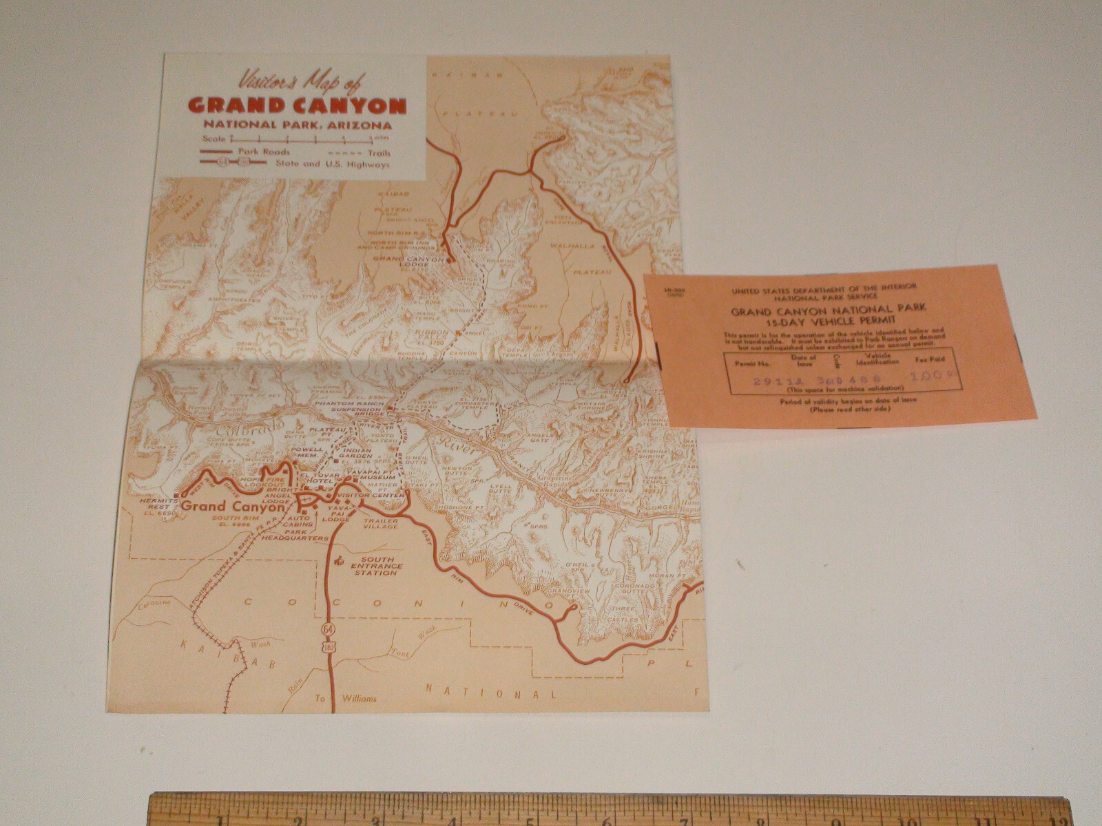 1963 Visitor’s Map Grand Canyon National Park Arizona & stamped vehicle permit