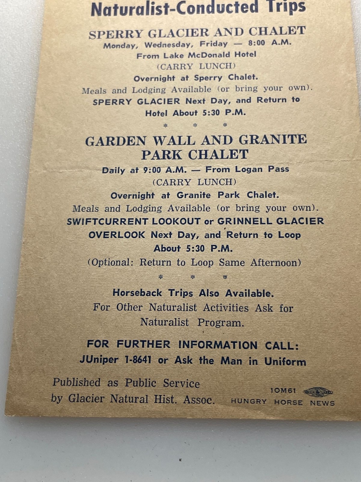 Vintage 1961 Glacier National Park Flyer Sperry Granite Park Chalet Montana