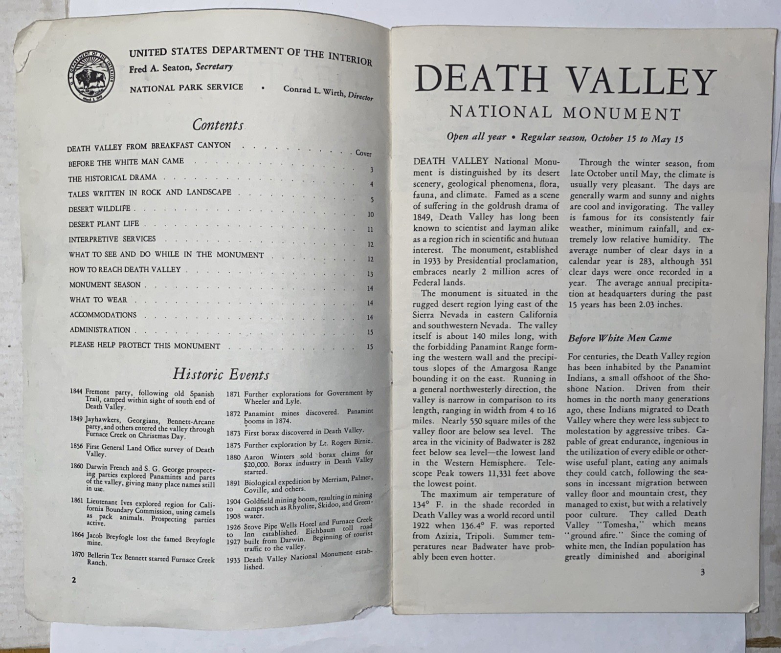 Vintage 1956 Death Valley National Monument Map Brochure Tourist Sightseeing