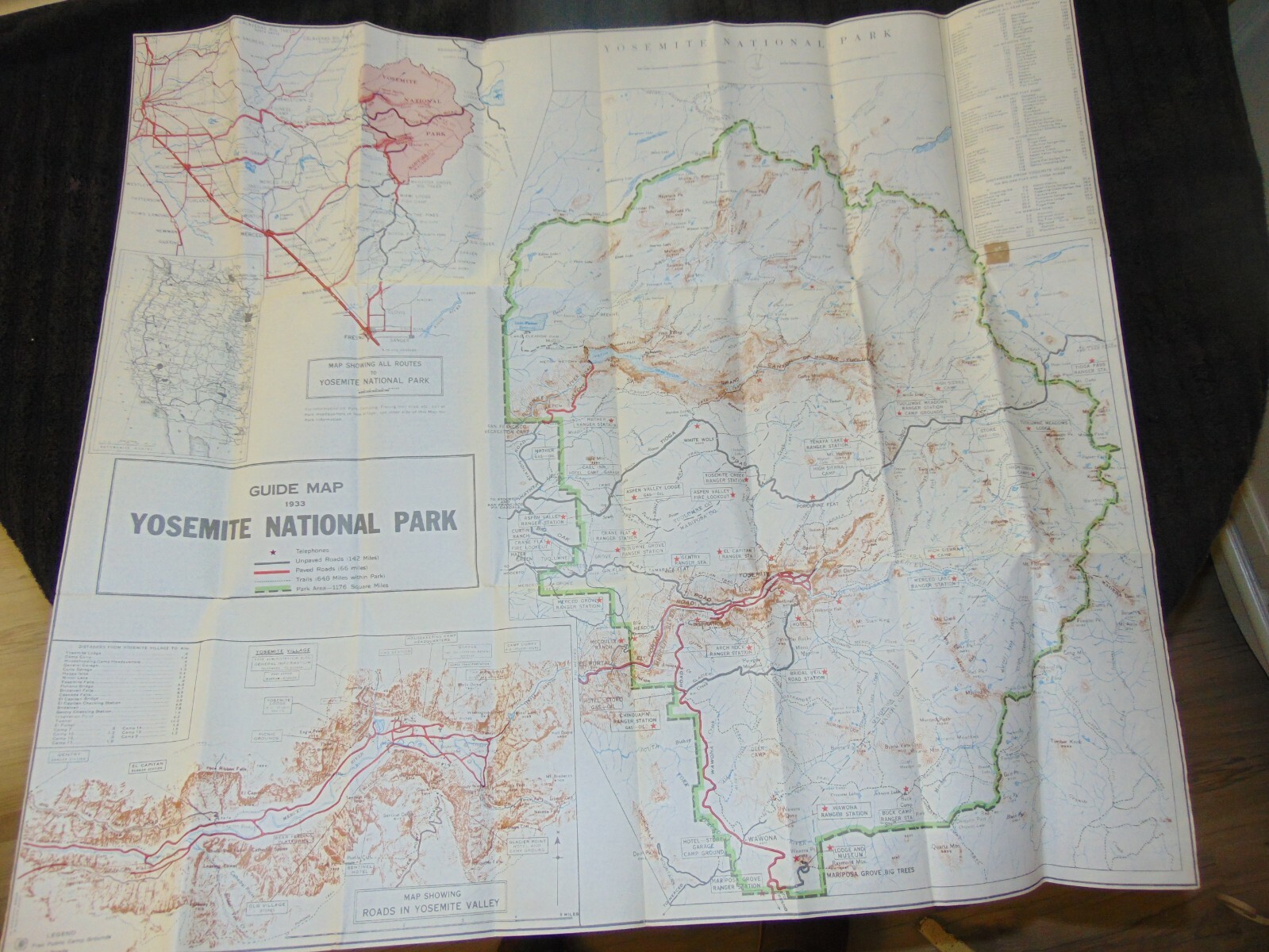 REPRINT OF 1933 U.S. DEPT. OF THE INTERIOR 28″ X 32″ YOSEMITE GUIDE MAP & MANUAL