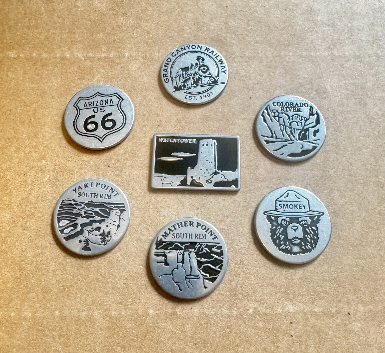 Grand Canyon NPS Tokens Route 66 Smokey The Bear Set Of 7