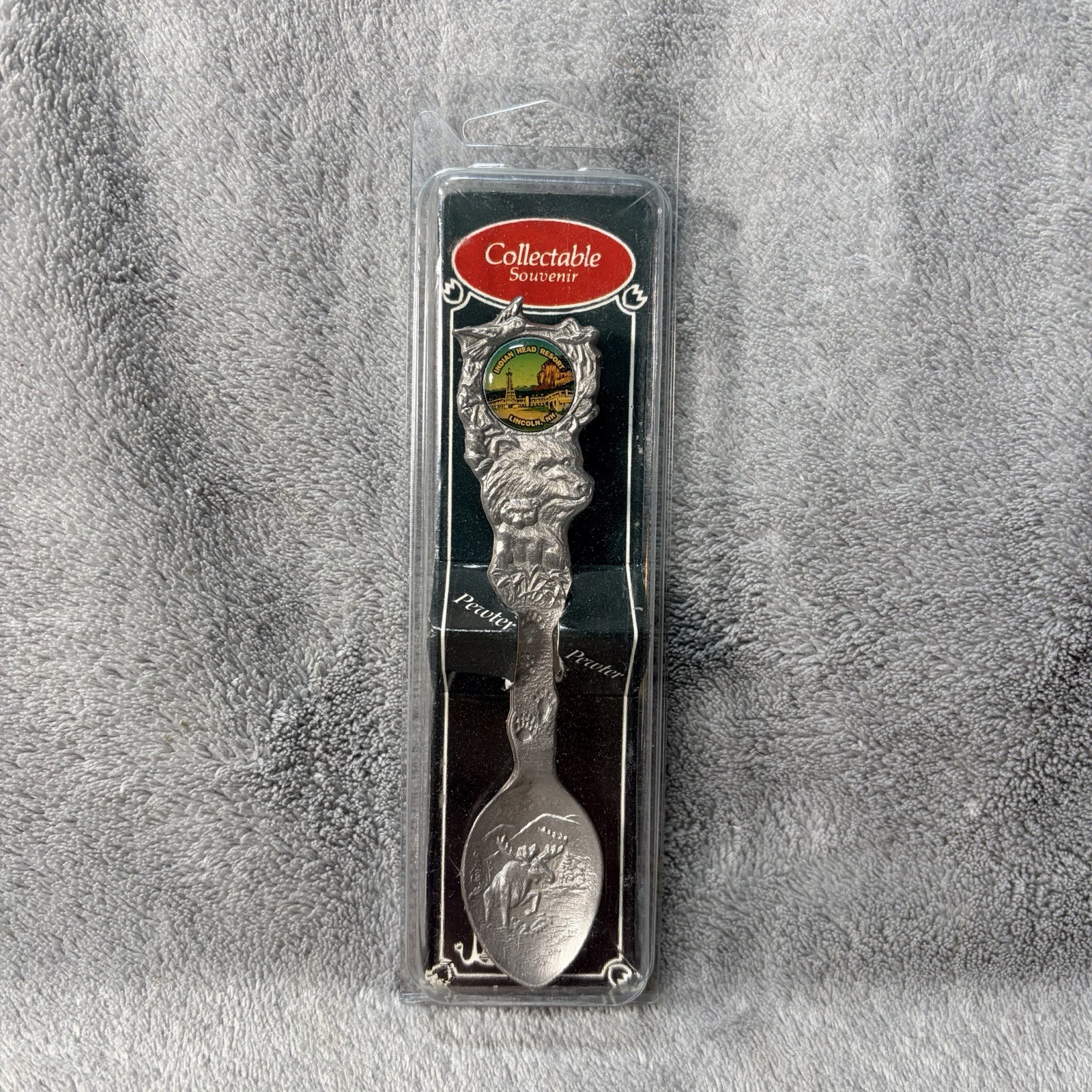 Pewter Indian Head Resort Lincoln, NH Souvenir Spoon, Bear Head Moose ￼