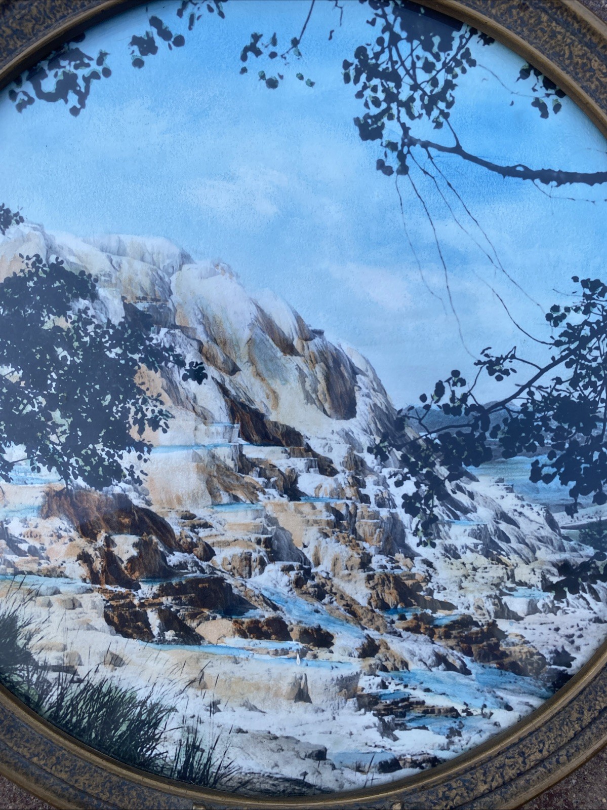C.1920S JACK ELLIS HAYNES YELLOWSTONE PARK HAND TINTED PHOTOGRAPH FRAMED ROUND