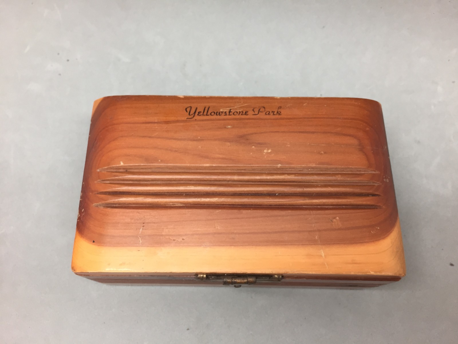 Souvenir Yellowstone National Park Trinket Box Cedar Wood Hinged Vintage 6″