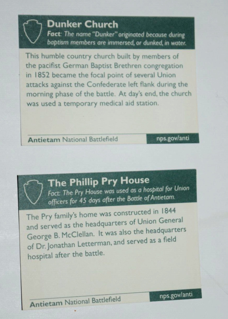 “ANTIETAM NTL BATTLEFIELD – Dunker Church, PRY HOUSE,” (2.0″ x 3.25″) NPS Cards6