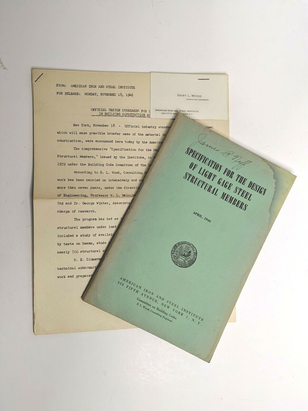 1946 Specification design light gage steel structural Iron steel & Letter/card