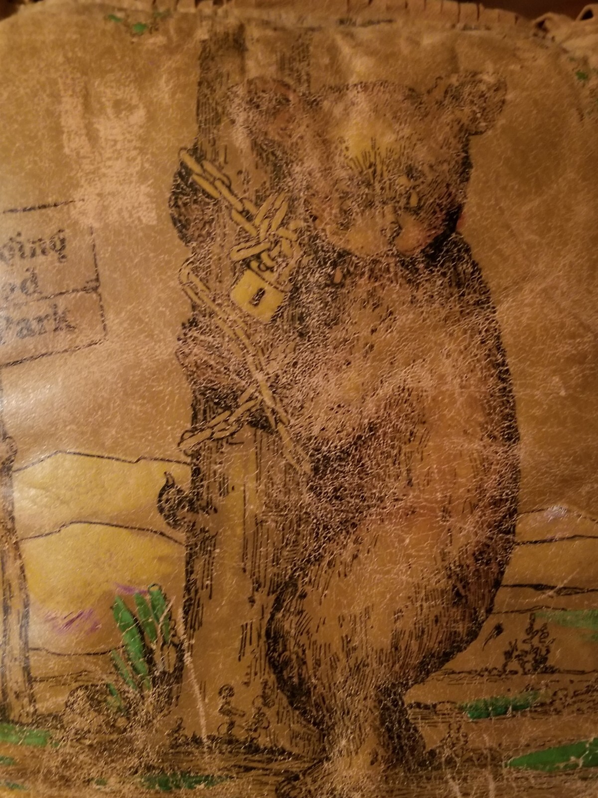Antique YELLOWSTONE PARK Leather Souvenir Pillow Bear Hugging Tree – Fringe