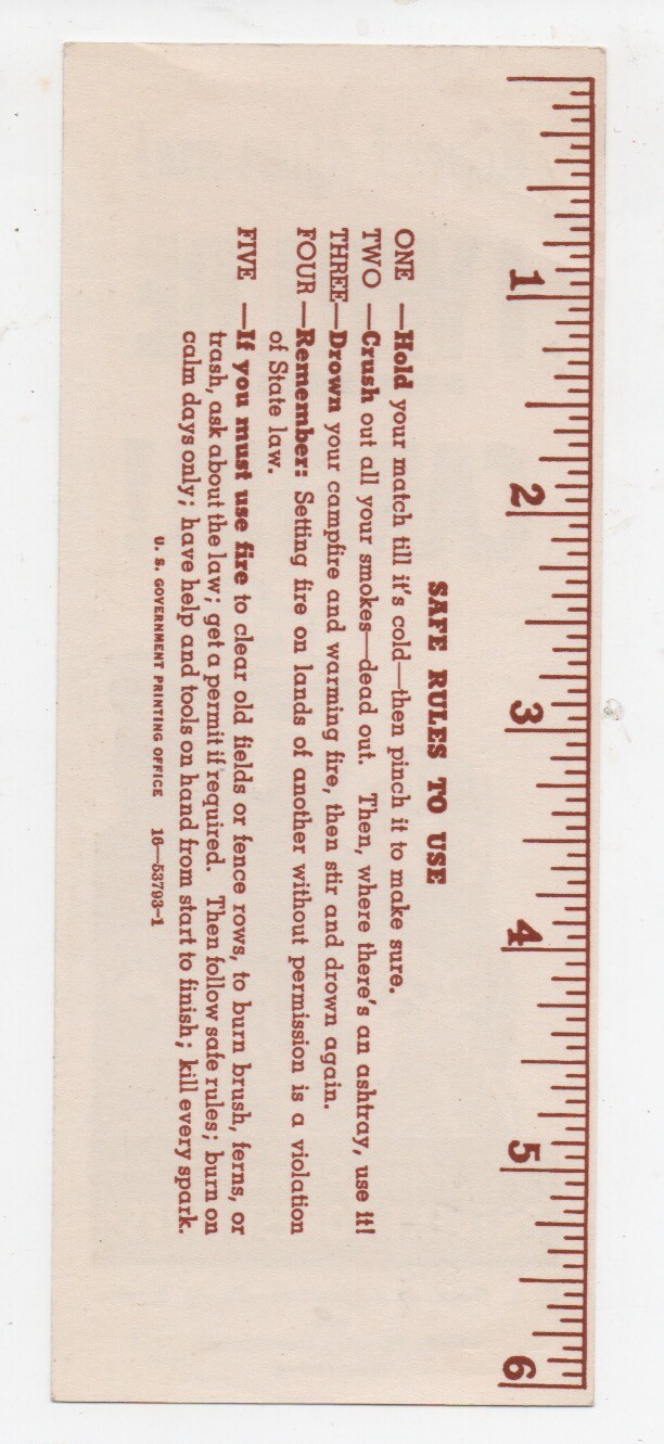 1954 US Forest Service Smokey the Bear Advertising Paper Bookmark / Ruler