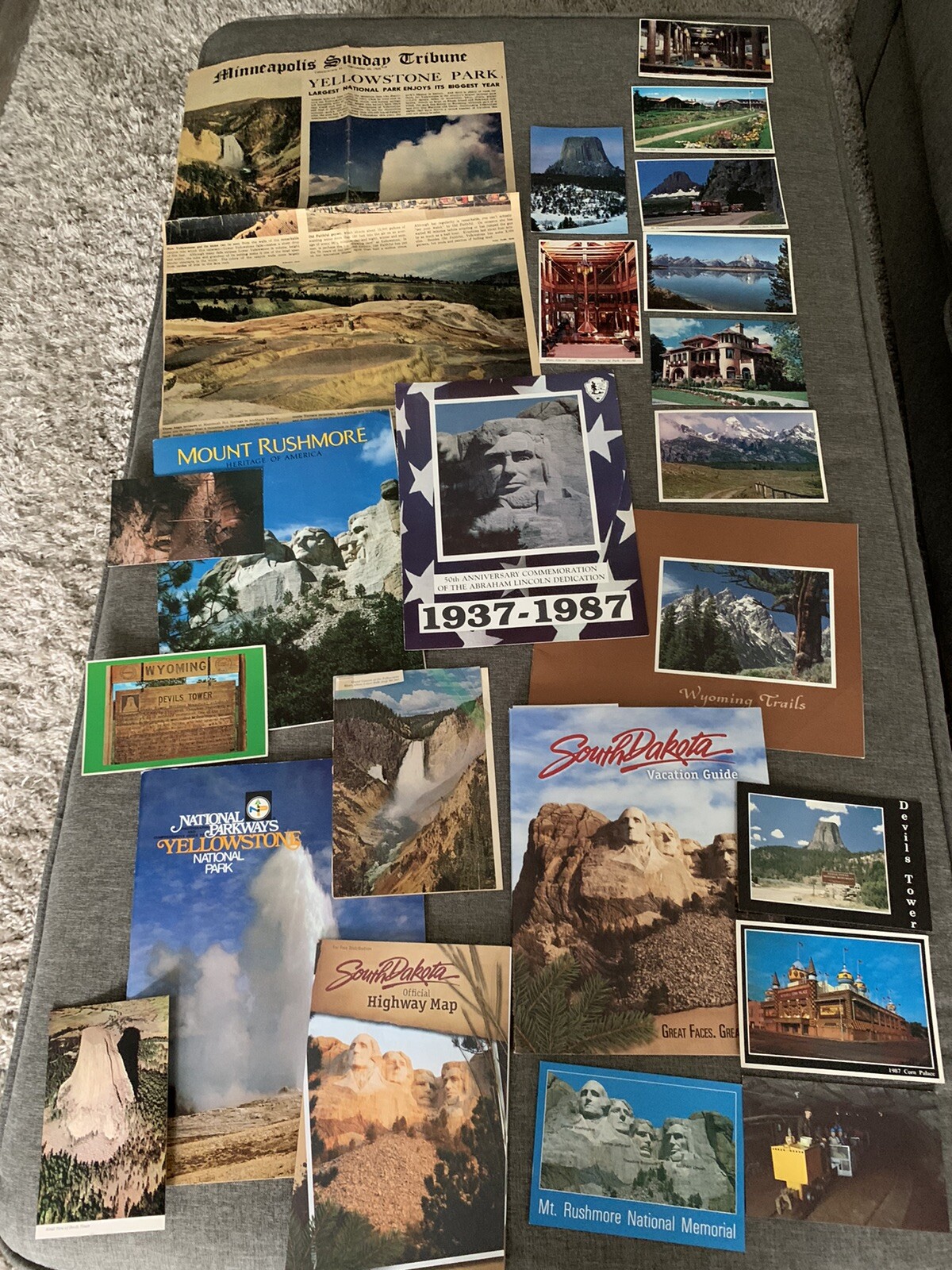 Yellowstone MT Rushmore Wyoming Brochures, 1946 Newspaper Article, Postcards Lot