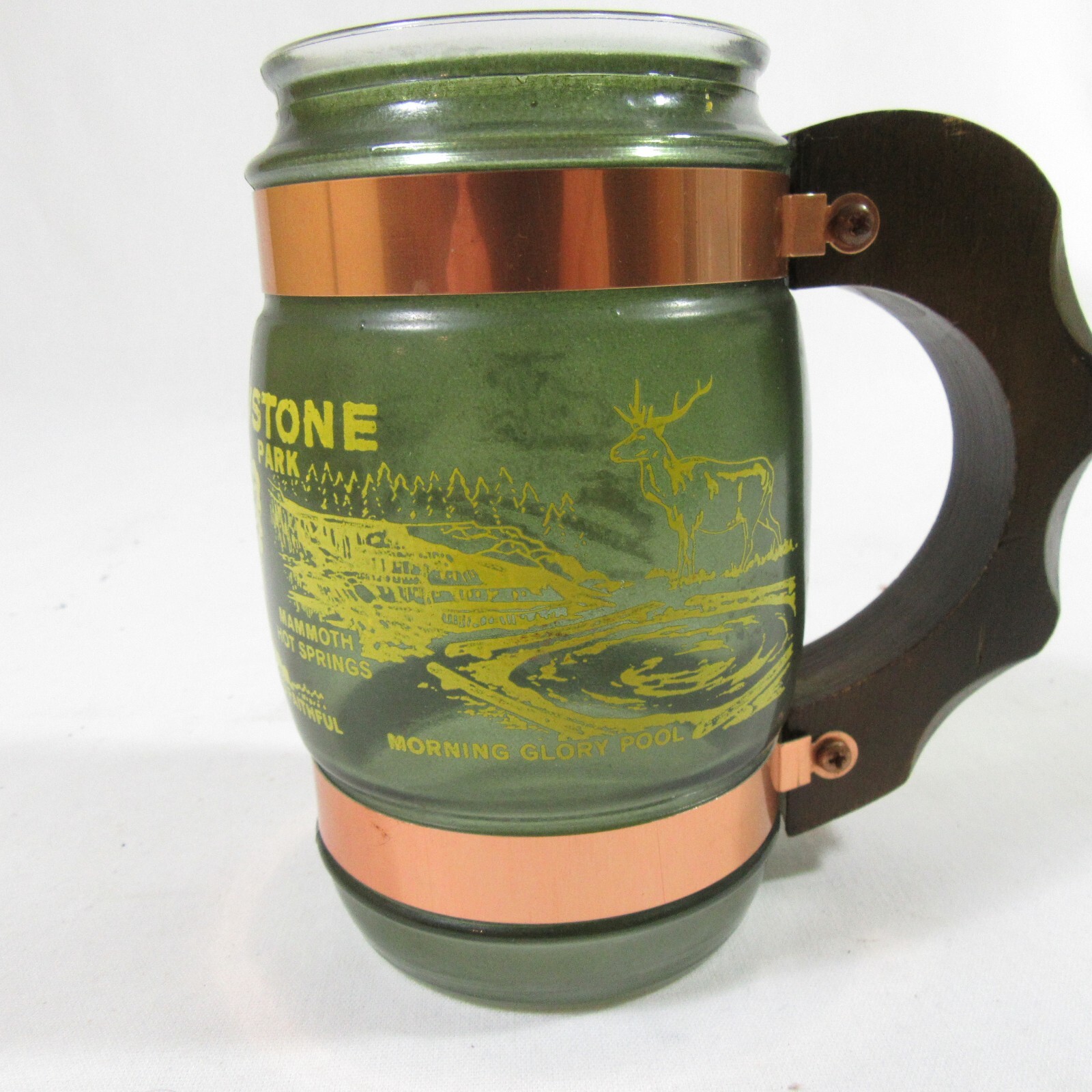 1970s Siesta Ware Souvenir Yellowstone National Park Rare Green Glass Mug w Wood