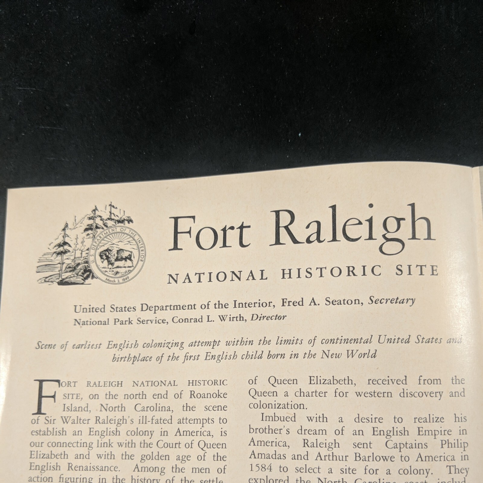 Vintage 1958 Fort Raleigh National Historic Site Park Brochure Pamphlet Map