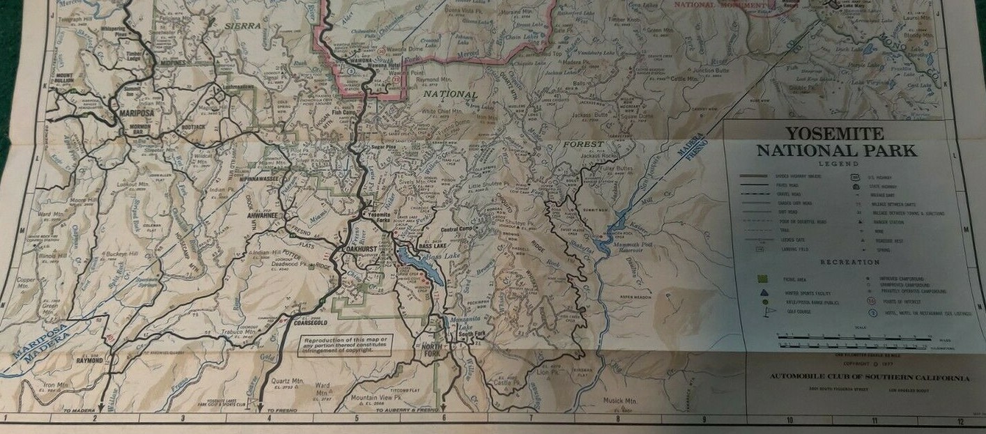 1977 GUIDE TO YOSEMITE NATIONAL PARK & VALLEY Fold-Out Map AAA Southern CA