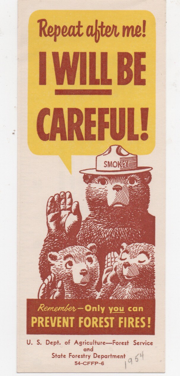 1954 US Forest Service Smokey the Bear Advertising Paper Bookmark / Ruler