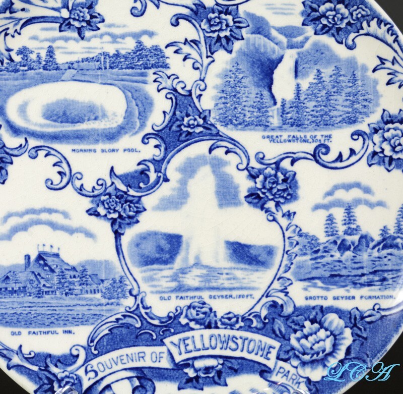 Antique YELLOWSTONE PARK plate BLUE WILLOW type pattern MONTANA & WYOMING