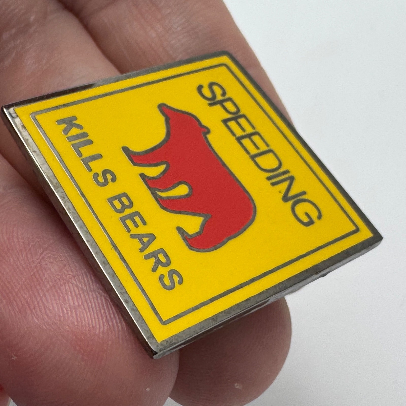 Speeding Kills Bears Lapel Pin Warning Sign Red Bear Graphic Yellow