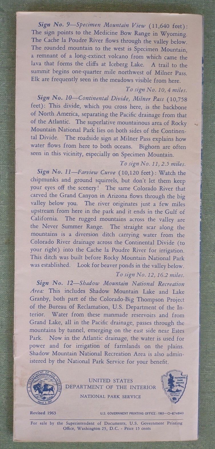 Rocky Mountain National Park 1963 Booklet Map