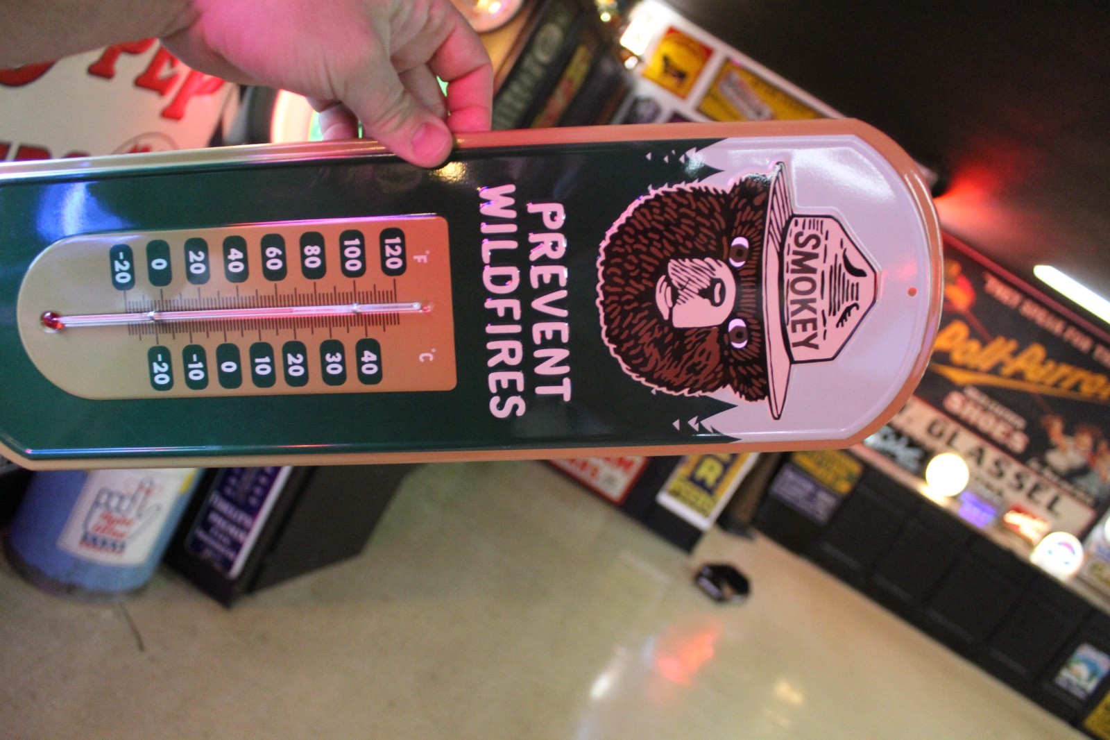 RARE US FOREST SMOKEY BEAR PREVENT FIRES EMBOSSED PAINTED METAL THERMOMETER SIGN